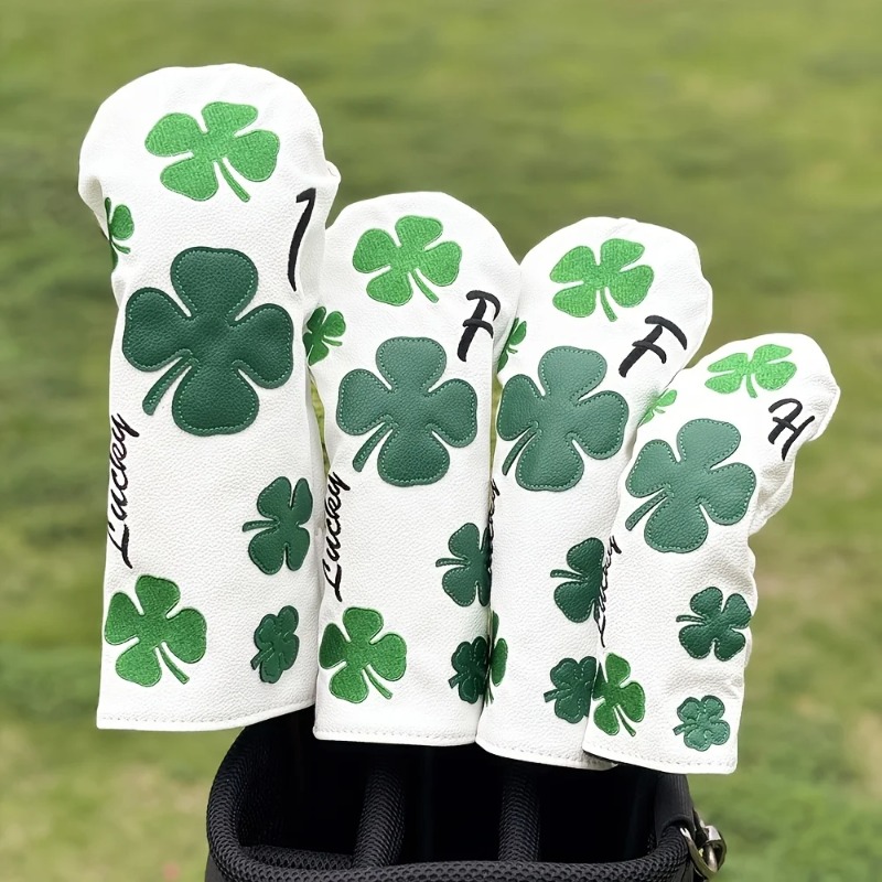 Golf Clubs - スタイリッシュなクローバーゴルフクラブヘッドカバー - 耐久性のある白地に緑の四つ葉のクローバーデザイン、保護用クラブプロテクター